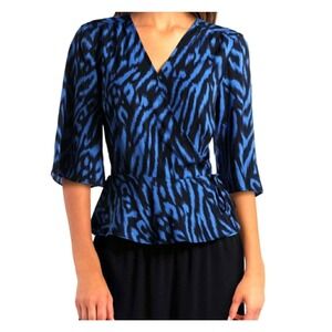 Gigi Parker Flutter Sleeve Wrap Top Blue and Black animal print Size Small